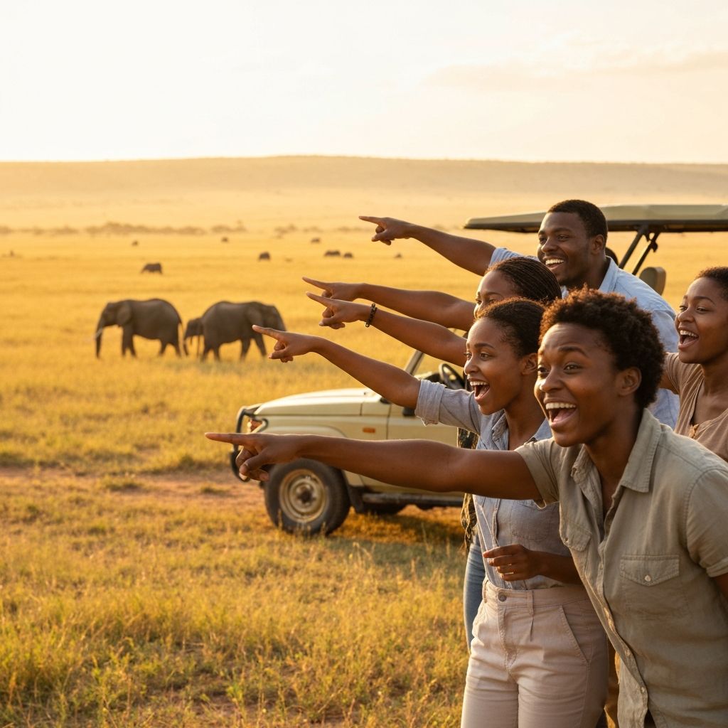 Excited tourists on safari adventure