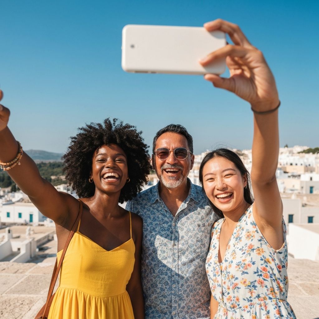 Happy group of travelers taking a selfie